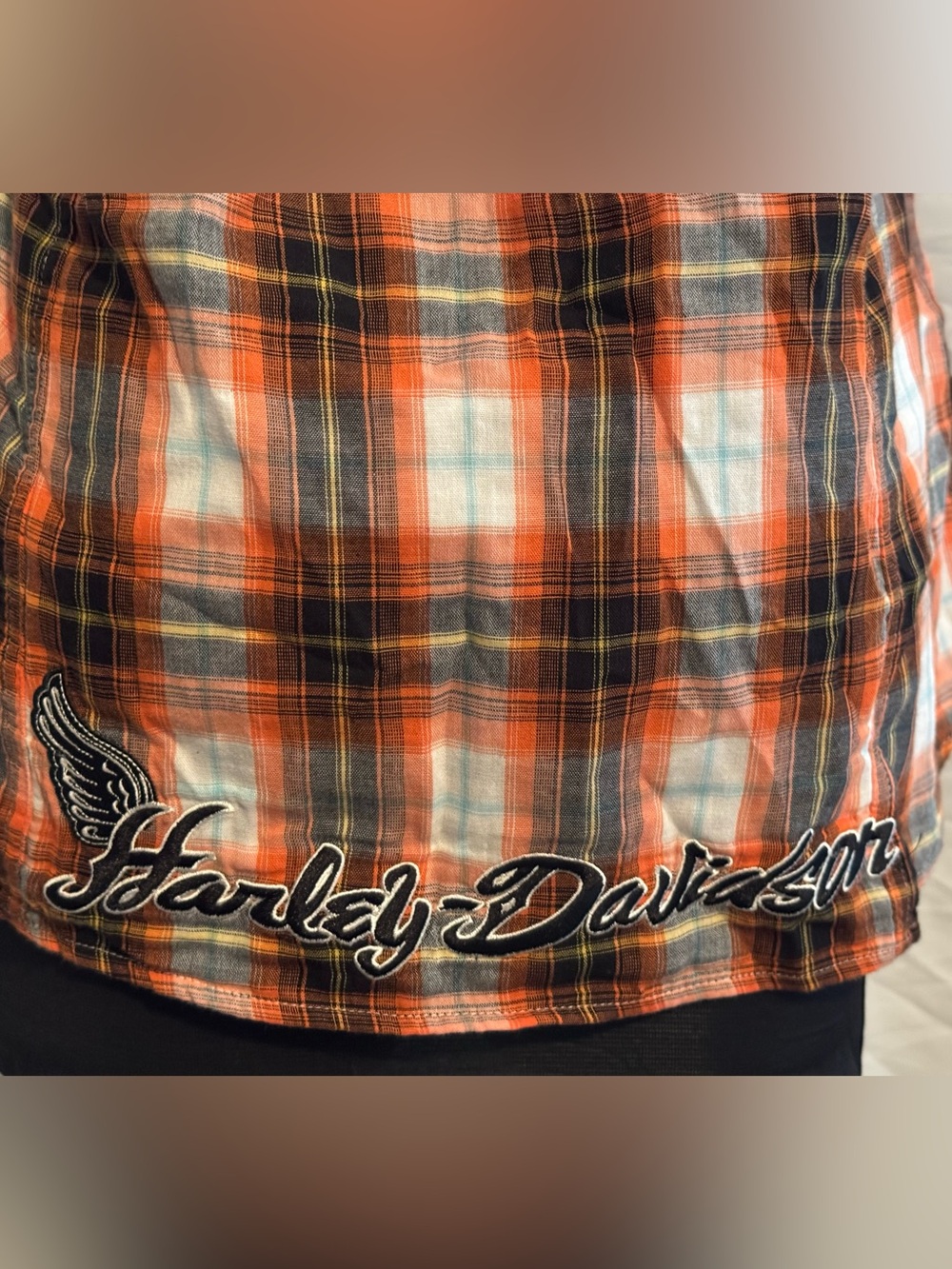 Harley Davidson Sexy Strapless Orange Plaid Tie-Front Top - Picture 5 of 6